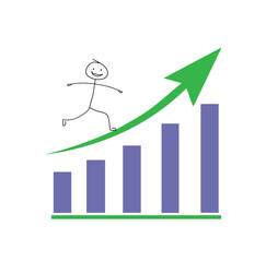 the market is growing, the business is developing, the stick man is very happy. It runs forward and up on a chart that illustrates good growth results.