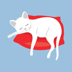 Cute white cat sleeping on a red pillow icon vector. Adorable domestic cat relaxing on a pillow cartoon isolated on a blue background