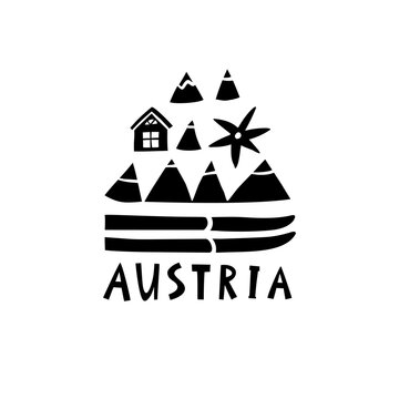 Vector hand drawn symbol of Austria. Travel illustration of Austrian signs. Hand drawn lettering illustration. Alps landmark logo