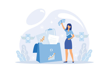 Money investing, financiers analyzing stock market profit. Portfolio income, capital gains income, royalties from investments concept.
