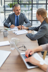 Obraz premium Business team discussing together business plans in office.