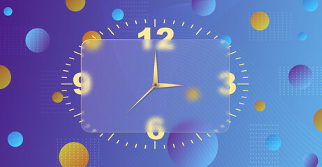 Clock glassmorphism effect. 3d style rectangle timer Gold clock face and hands on violet blue background for mobile app design. Business icon. Modern concept indication of time. Vector