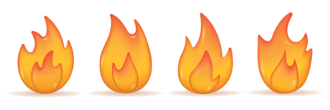 Fire 3d icon set isolated on white background. Different flame shapes. Vector realistic fireball illustration