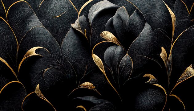 Black and gold, luxury background, floral shapes, black silk texture with golden motifs, 4k abstract luxurious design, 3D render, 3D illustration