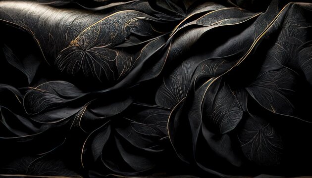 Black And Gold, Luxury Background, Floral Shapes, Black Silk Texture With Golden Motifs, 4k Abstract Luxurious Design, 3D Render, 3D Illustration