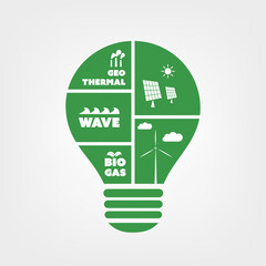 Sustainable Resources, Renewable, Reusable Green Energy Concept with Light Bulb and Symbols of Various Alternative Smart Power Generation Methods Inside - Illustration in Editable Vector Format