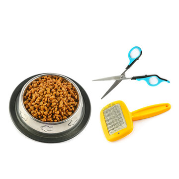 Dry dog food, scissors and comb for grooming isolated on a white background. Collage.