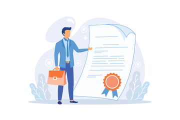 Characters Get Notary Professional Service. People Visit Lawyer Office for Signing Legal Documents. Tiny Secretary with Huge Pen Sign Documentation.