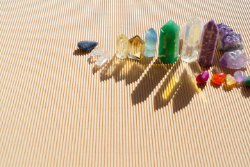 Healing crystals on brown background