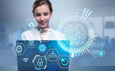 Businesswoman portrait working in laptop, brain hologram with diverse icons