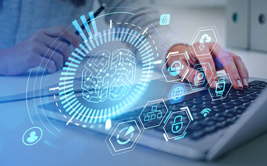 Businesswoman using computer, artificial intelligence hologram with icons