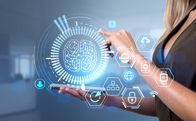 Businesswoman with phone, brain hologram with diverse icons