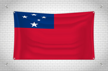 Samoa flag hanging on brick wall. 3D drawing. Flag attached to the wall. Neatly drawing in groups on separate layers for easy editing.