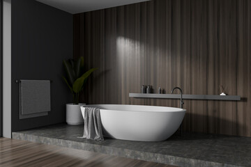 Naklejka na ściany i meble Corner view on dark bathroom interior with bathtub, shelf
