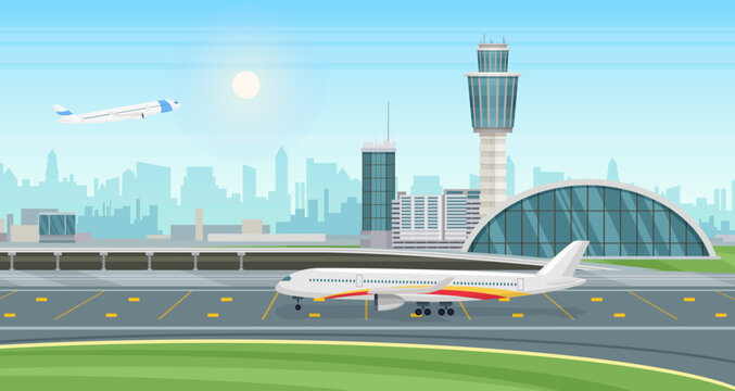 Vector airport landscape. Airport Terminal building with aircraft taking off