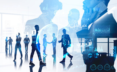 Teamwork in business company, digital hologram with forex analysis