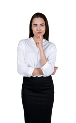 Businesswoman with hand to chin, thinking isolated over white background