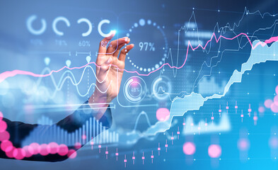 Businesswoman finger touch screen with forex graph chart and analysis