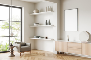 Light chill interior chair and decoration, panoramic window. Mockup frame