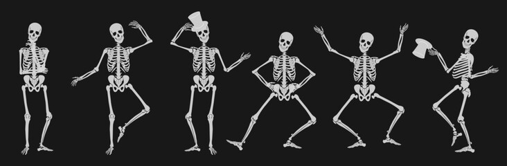 Dancing Human bones skeletons. Different skeleton poses set isolated on black dark background vector illustration. - obrazy, fototapety, plakaty