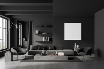 Front view on dark living room interior with empty poster