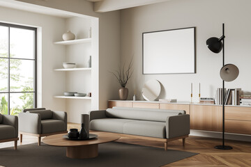 Naklejka na ściany i meble Light relax interior chair and couch with decor, panoramic window. Mockup frame