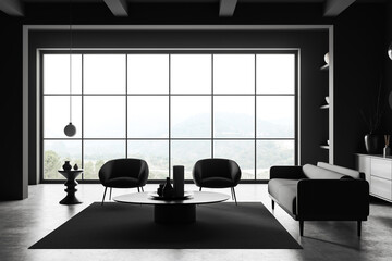 Grey meeting interior with couch and chairs, art decoration and panoramic window