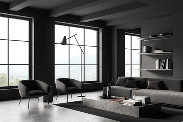 Fototapeta na wymiar Grey chill interior with chairs and couch with decoration, panoramic window