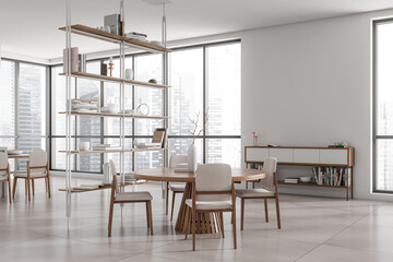 Modern living room interior with eating table and decoration, panoramic window