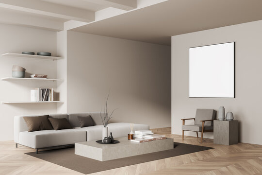 Corner view on bright living room interior with empty poster