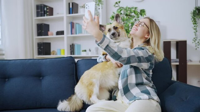 Female owner taking selfie with her dog, happy little welsh corgi, puppy
