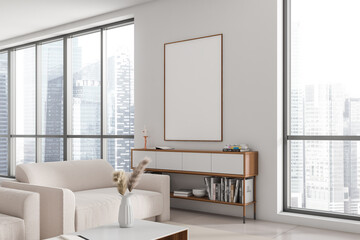 Light chill interior with soft place, drawer near panoramic window. Mockup frame