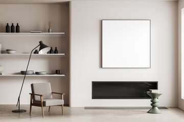 Light living room interior with chair and decoration, fireplace and mockup frame