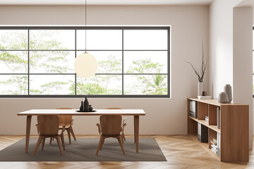 Light meeting room interior with chairs and table, shelf and window