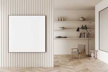 Front view on bright living room interior with white poster