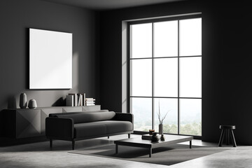 Grey chill interior with couch and coffee table, panoramic window and mockup frame