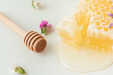 Honeycomb full of fresh honey in a white bowl. Honeycomb with honey deeper and wild flowers on the...