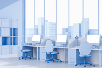 Fototapeta na wymiar Cartoon workplace interior with pc computer, panoramic window. Mockup display