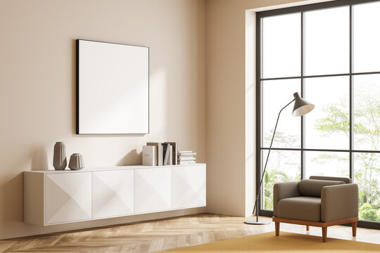 Light chill interior with chair and drawer, panoramic window and mockup frame
