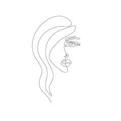 Woman with long hair abstract portrait, continuous line drawing, face of the girl is a single line on a white background,  Vector illustration. Tattoo, print and logo design for a spa or beauty salon.