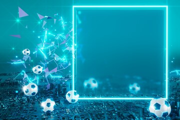 football ball object in the abstract background. light neon shape digital concept. ball symbol graphic sports. 3d illustrator. trophy cup element. space night glitter effect. copy space frame line.
