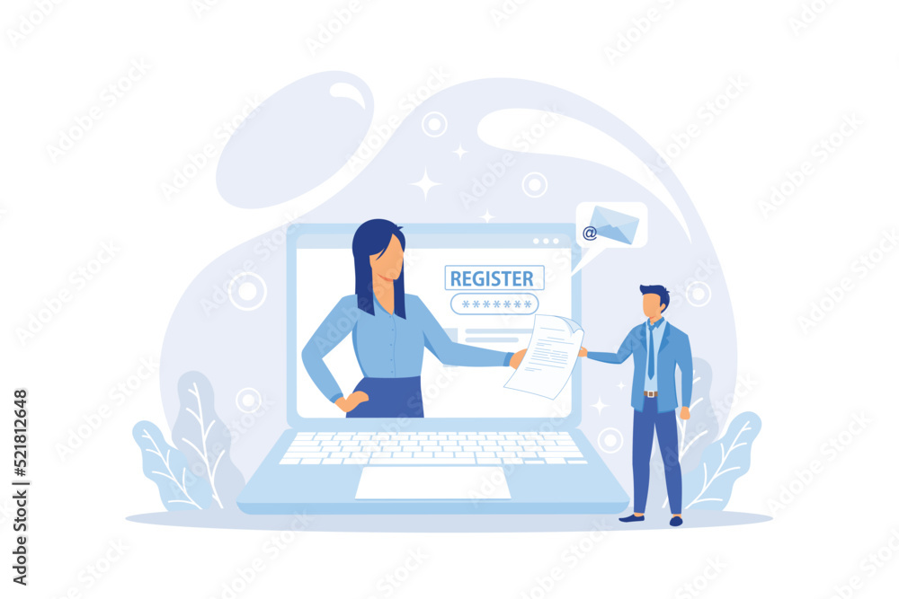 Poster online registration and sign up concept. people signing up or login to online account with user inte