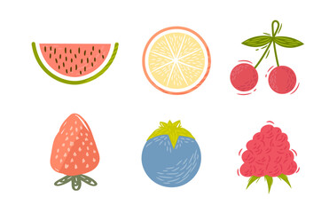 Drawn fruits and berries. Set of fruits and berries.
