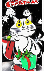 Comic style digital drawing christmas cat. Surreal cartoon cat with big eyes design. Creative art painting animal. New year or merry christmas poster, card, invitation design. Trendy print template