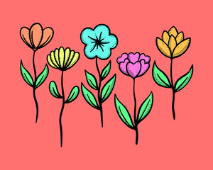 set of flowers full color cartoon illustration free vector