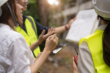 Engineer and Architect working at Construction Site with blue print, Construction concept.