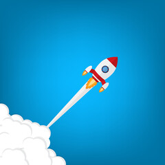 App launch. Startup vector concept, flat cartoon rocket or rocketship launch, mobile phone or smartphone, idea of successful business project start up, boost technology, innovation.	