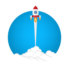 App launch. Startup vector concept, flat cartoon rocket or rocketship launch, mobile phone or smartphone, idea of successful business project start up, boost technology, innovation.	