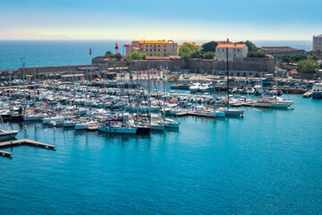 Port of Ajaccio, Corsica Island. Yachts and boats moored in the marina.