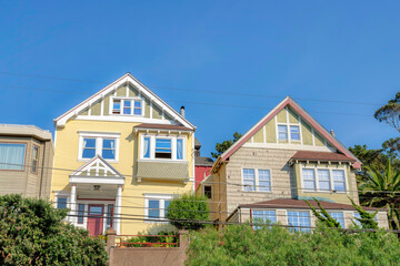 Two houses with gable roofs in the suburbs neighborhood in San Francisco, CA